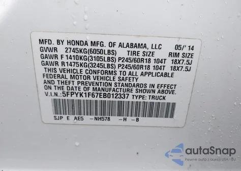 2014 Honda Ridgeline Se from USA, damaged, VIN 5FPYK1F67EB012337